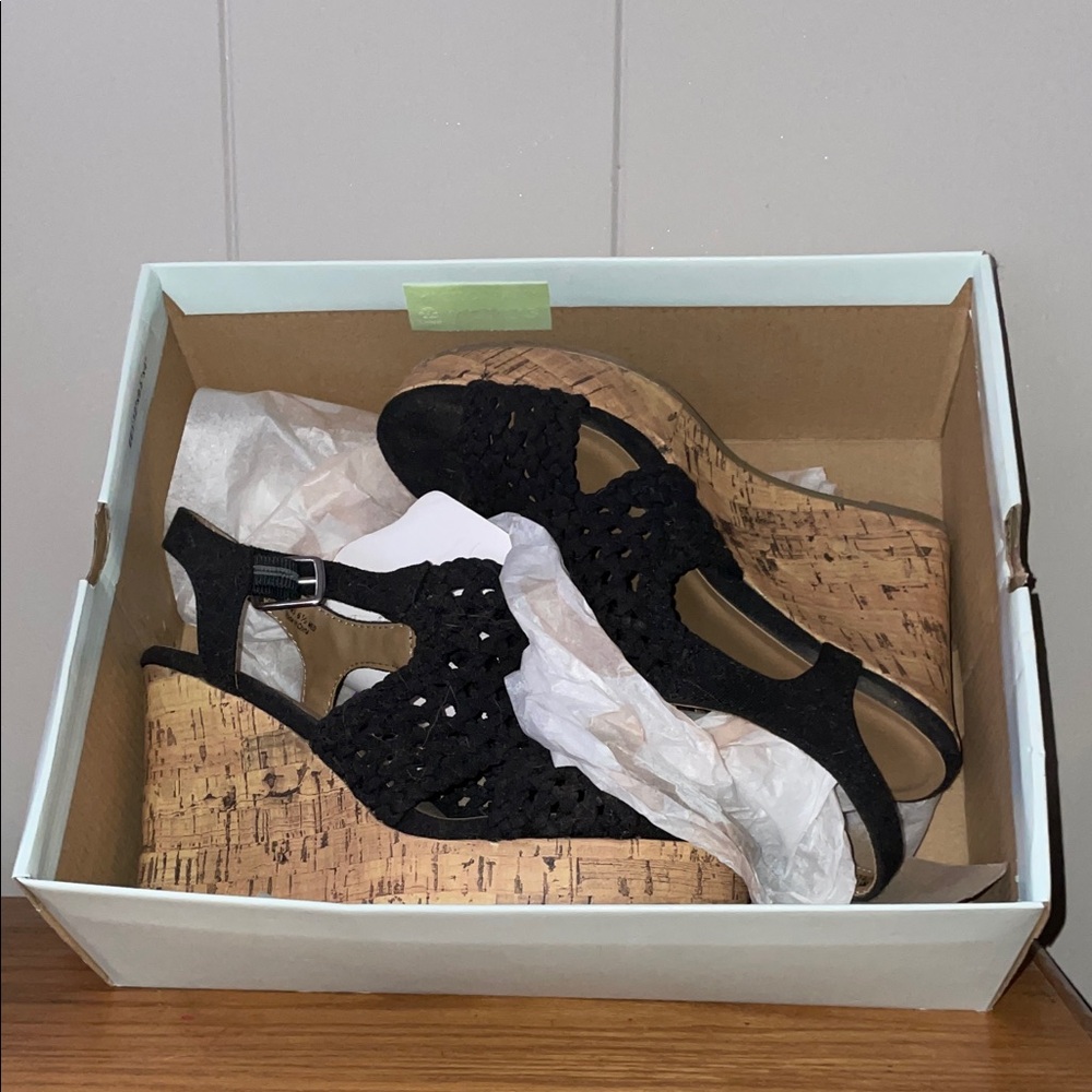 Women’s Black Wedge Sandals with Cork Platform
